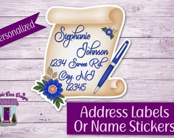 Return Address Labels, Scroll Paper & Pen Personalized Mailing Address Stickers, Custom Labels, Home Address Stickers, Book Lovers Label