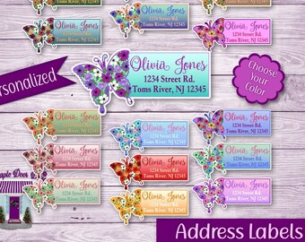 Floral Butterfly Address Labels, Personalized Mailing Address Stickers, Custom Shipping Labels, Custom Name Sticker Sheet, Choose Your Color