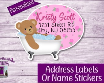 Return Address Labels, Bear Bubble Bath Personalized Mailing Address Stickers, Custom Shipping Labels, Home Address Sticker Sheet, Name Tags