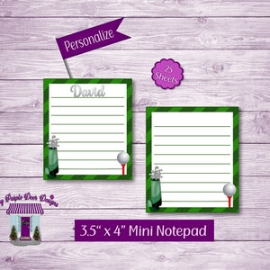 May include: A personalized 3.5 x 4 inch mini notepad with a green and white striped design. The notepad features a golf bag and golf ball graphic. The notepad has 25 sheets and can be personalized with a name, such as "David".