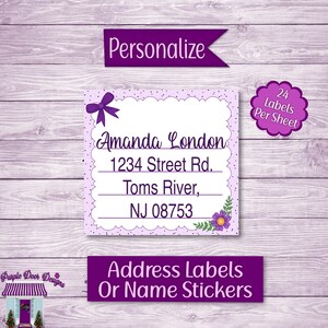 May include: Purple and white address labels with a floral design. The labels are personalized with the name "Amanda London", an address, and a phone number. The text "24 Labels Per Sheet" is also visible.