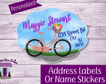 Return Address Labels, Bicycle Personalized Mailing Address Stickers, Custom Shipping Labels, Home Address Sticker Sheet, Custom Name Tags