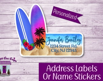 Surf Boards Address Labels, Name Stickers, Personalized Mailing Address Stickers, Custom Shipping Labels, Kids Name, Party Favor Stickers