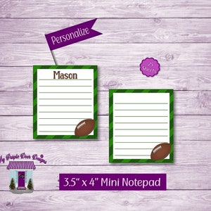 May include: A green and white striped notepad with a football design. The notepad is 3.5 inches by 4 inches and has 25 sheets. The notepad is personalized with the name "Mason".