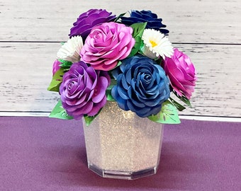 Mini Paper Roses Floral Arrangement with Glitter Cup, Paper Mini Roses Purple, Orchid & Navy, Gift For Mom, Gram, Nana, Get well Soon