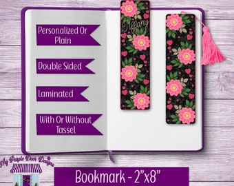 Pink Flowers & Hearts Bookmark, Add Personalization With Or Without Tassel 8"x2" Laminated, Double Sided, Name Bookmark, Gift for Book Lover