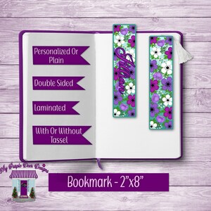 Purples & White Floral Bookmark, Add Personalization, With Or Without Tassel 8&quot;x2&quot; Laminated Double Sided Bookmark, Gift for Book Lover