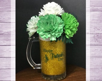 Happy St. Patrick's Day Paper Carnations Floral Arrangement In A Gold & White Glittered Glass Beer Mug