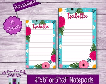 Personalized Floral Notepad, Custom Memo Pad for Teachers, Mother's Day Gift, Whimsical Pink & Teal Name Stationery Set