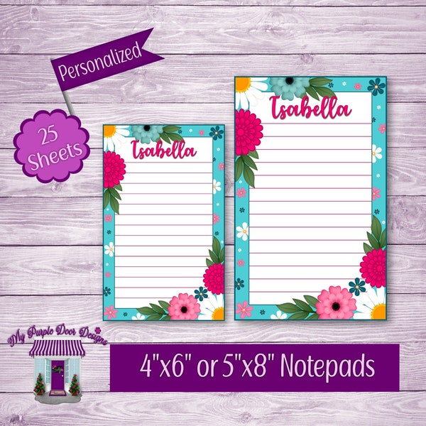 Personalized Floral Notepad, Custom Memo Pad for Teachers, Mother's Day Gift, Whimsical Pink & Teal Name Stationery Set