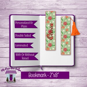 Floral Bookmark Double Sided With Or Without Tassel 8&quot;x2&quot; Laminated, Add Personalization Name Bookmark, Gift for Book Lover, Co-Worker