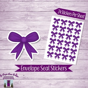 May include: Purple bow envelope seal stickers. The image shows a sheet of stickers with 24 bows per sheet, and a single bow sticker. The text reads "Envelope Seal Stickers" and "24 Stickers Per Sheet".