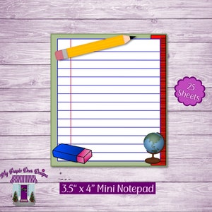 May include: A green and red mini notepad with 25 sheets of lined paper. The notepad has a pencil, eraser, and globe illustration. The notepad measures 3.5 inches by 4 inches.