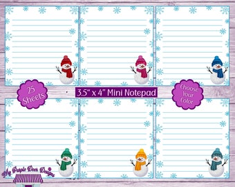 Mini Notepad Snowman Memo Pad 3.5"x 4", 25 Sheets, Holiday Christmas Note pad, Cute Desk Pad, Choose Your Color Or Buy The Set Of 6