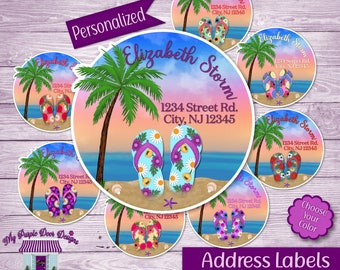 Return Address Labels, Flip Flops Beach Personalized Mailing Address Stickers, Custom Shipping Labels, Home Addy Sticker Sheet, Choose Color