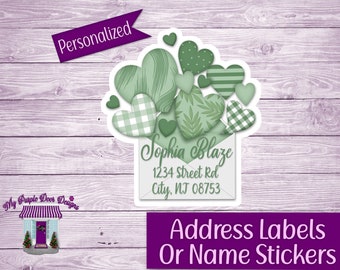 Sending Love Return Address Labels, Personalized Mailing Address Stickers, Custom Shipping, Home Address Sticker Sheet, Green Hearts Labels