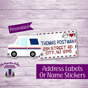 May include: Personalized address labels or name stickers featuring a white mail truck with red, white, and blue accents. The label has a red heart and the text "THOMAS POSTMAN 1234 STREET RD. CITY, NJ 12345".