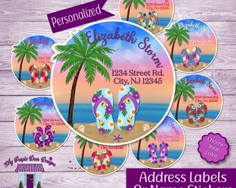 Return Address Labels, Flip Flops Beach Personalized Mailing Address Stickers, Custom Shipping Labels, Home Addy Sticker Sheet, Choose Color