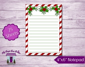 4"x6" Holly, Candy Cane Border Lined Notepad, 25 Sheets, To Do List, Cute Memo Pad, Christmas Notepad, Holiday Stationery, Stocking Stuffer