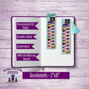 May include: A personalized bookmark with a stack of books, a coffee cup, and the text "All I need is Coffee & Books". The bookmark is 2 inches by 8 inches and can be laminated and double-sided. It can also be personalized with a name, such as "Emma".