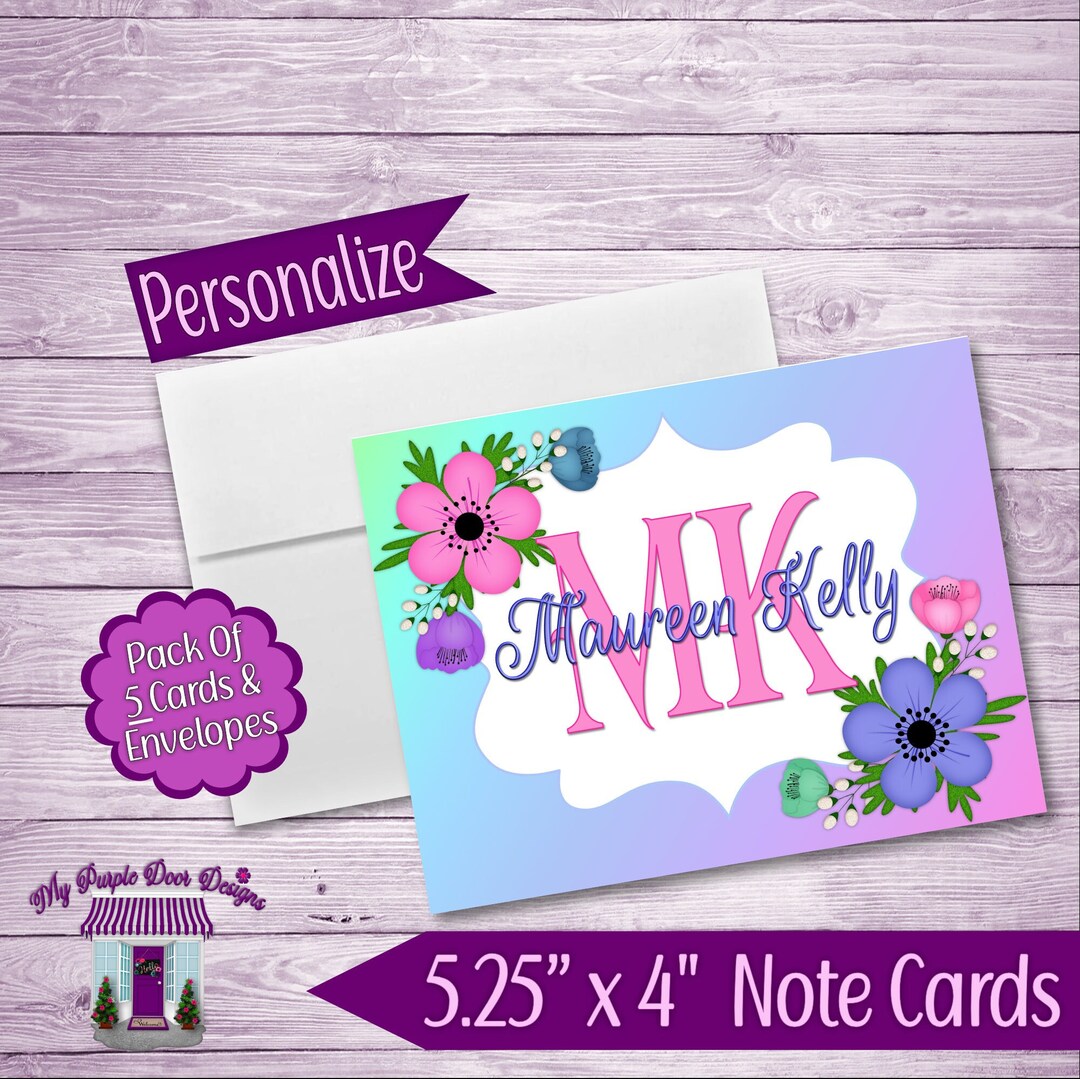 Personalized Floral Monogram Stationery Note Cards, Set of 6 Cards ...