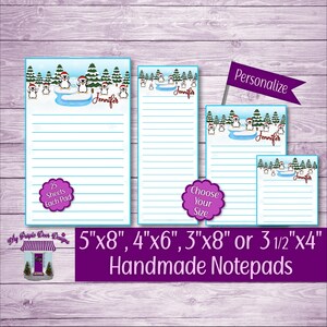 May include: Four different sizes of personalized notepad sets featuring a winter penguin design. The notepads are available in 5x8 inches, 4x6 inches, 3x8 inches, and 3 1/2 x 4 inches. Each notepad has 25 sheets.