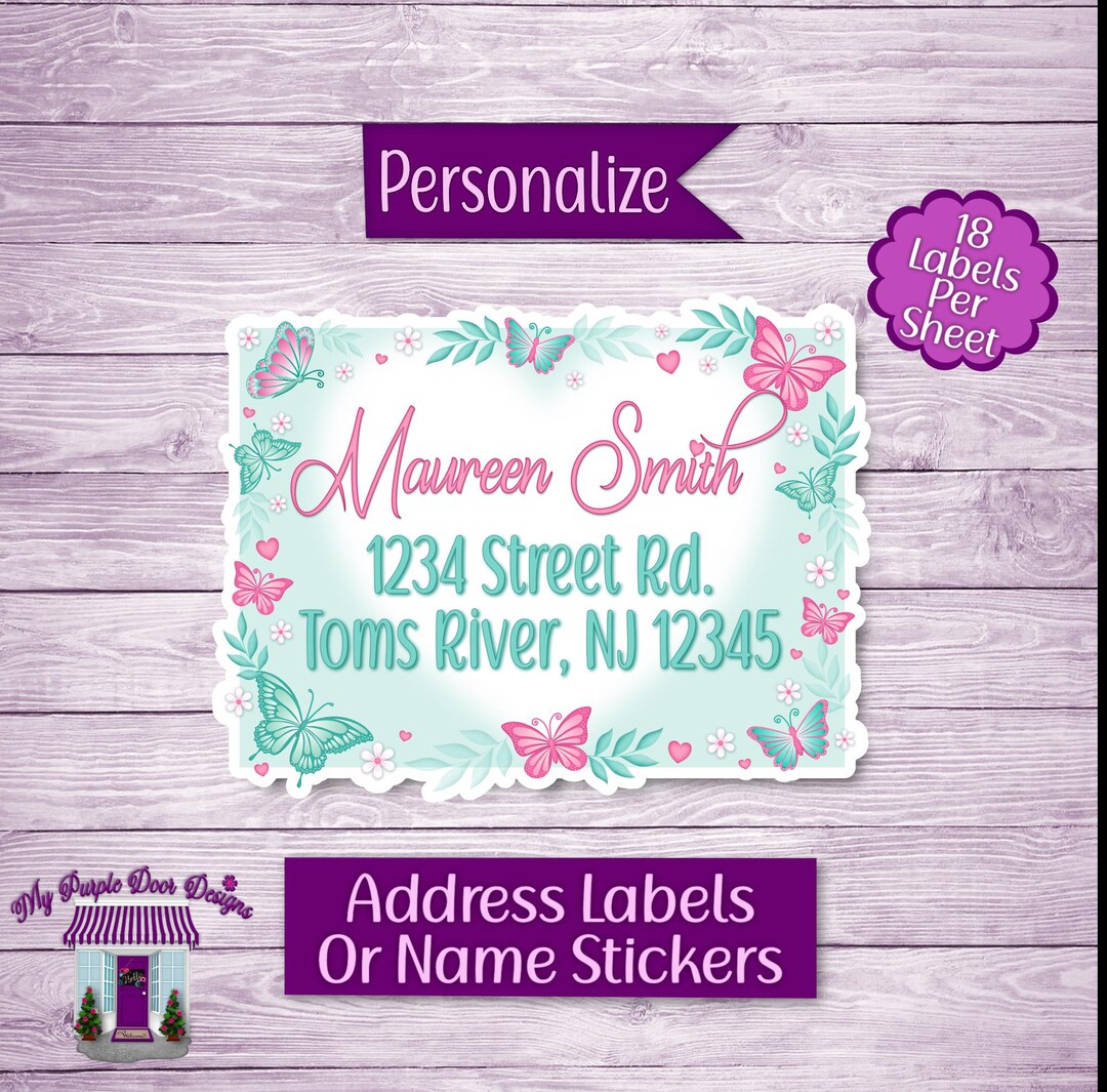 Pink Butterfly Label Pink & Teal Butterflies Return Address Labels: Personalized Mailing ...