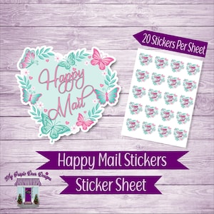 May include: A sheet of 20 stickers featuring a heart-shaped design with butterflies, flowers, and the text "Happy Mail".