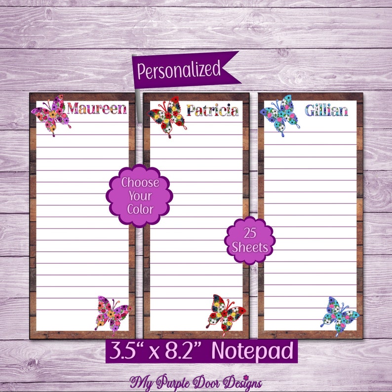 Personalized 3"x8" Floral Butterfly Notepad, 25 Sheets, Customizable ...