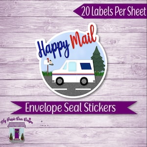 May include: 20 Happy Mail envelope seal stickers featuring a white mail truck with a red, white, and blue mailbox. The stickers are round and have a blue, white, and gray background.
