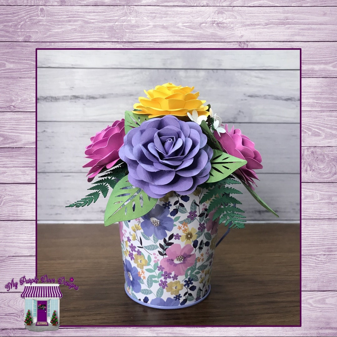 Paper Flower Arrangement in A Floral Pattern Metal Bucket, Paper Roses ...