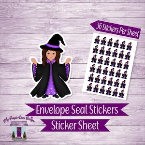 May include: A sheet of 36 witch sticker seals. Each sticker features a cartoon witch wearing a purple and black dress and a pointed hat. The stickers are designed for envelopes and are labeled "Envelope Seal Stickers Sticker Sheet".