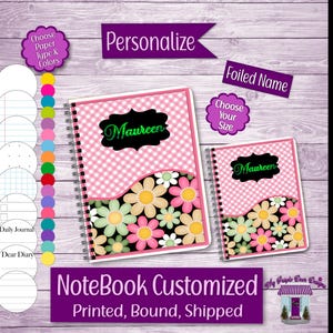 Retro Floral Spiral Bound Personalized Notebook, Journal, Sketchbook, Diary.  Custom: Choose Pages, Size, Foil Color, Pockets, Paper Color