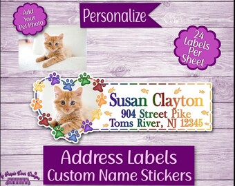 Pet Photo Cat Paws Return Address Labels, Personalized Mailing Address Stickers, Custom Shipping Labels, Photo Sticker Sheet, Pet Name Label