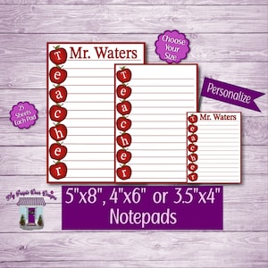 Apples Teacher Notepad: Personalizable Memo Pad, Choice of Size - 3.5"x4", 4"x6", or 5"x8". Cute Note Pad For New Teacher Appreciation Gift