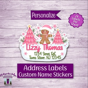 May include: Custom address labels featuring a gingerbread man, pink Christmas trees, and snowflakes. The labels include the name "Lizzy Thomas" and address details. The design is festive and includes the text "Address Labels Custom Name Stickers".