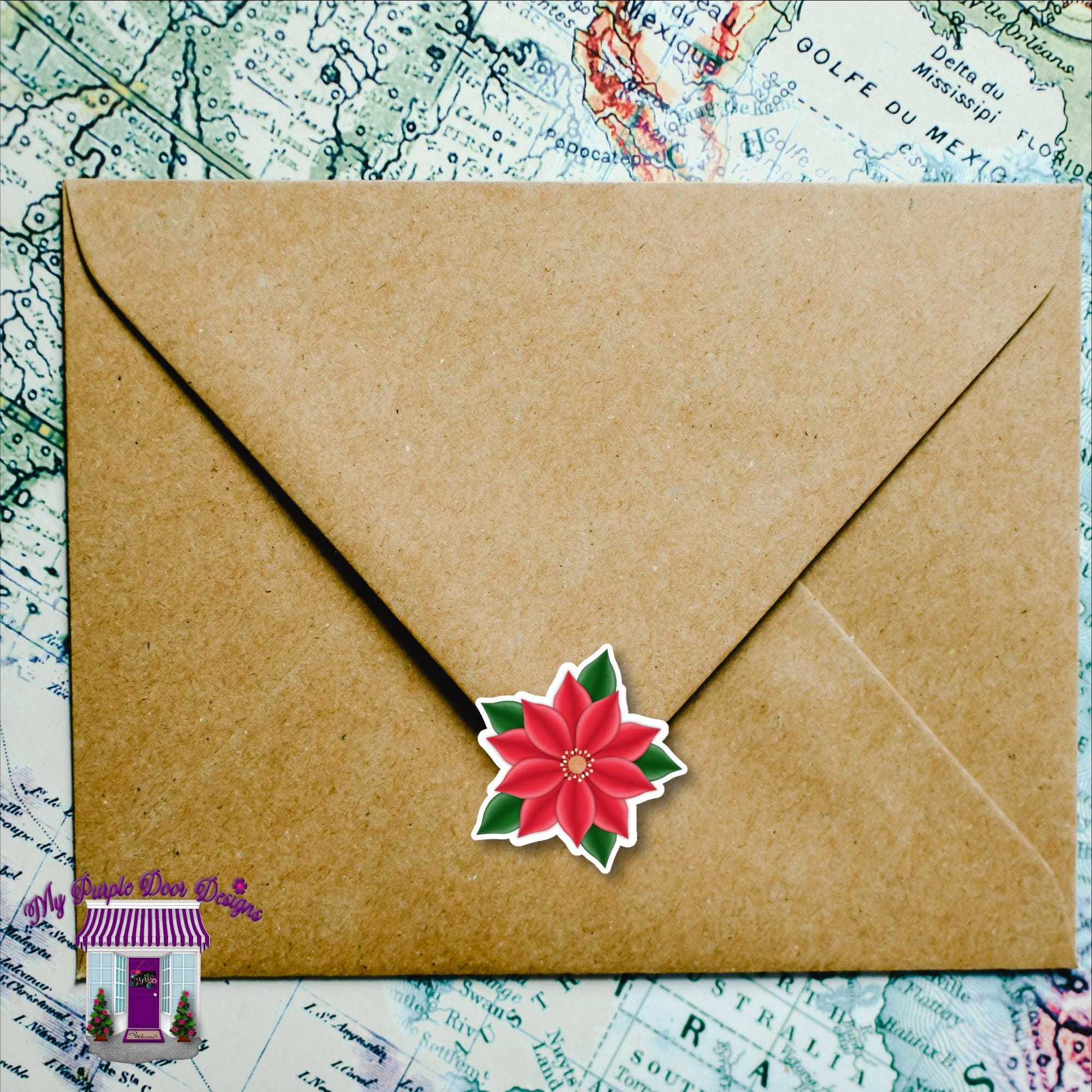 2 Sheets Christmas Holiday Poinsettia Planner Stickers - Glitter Seals For Papercraft & Envelopes
