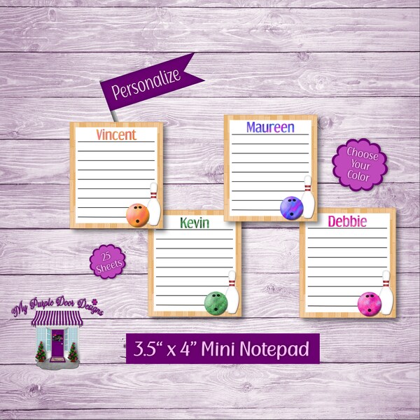 Mini Bowling Notepad 3.5"x 4" Personalized Note Pad, Bowling To-Do List, Custom Bowling Party Favor And Gift, Bowling Ball And Pin Design