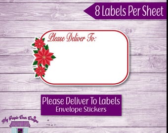 Christmas Poinsettia "Please Deliver To" Labels, Snail Mail Stickers, Envelope Decoration Stickers, Blank Printed Mail Pen Pal Labels