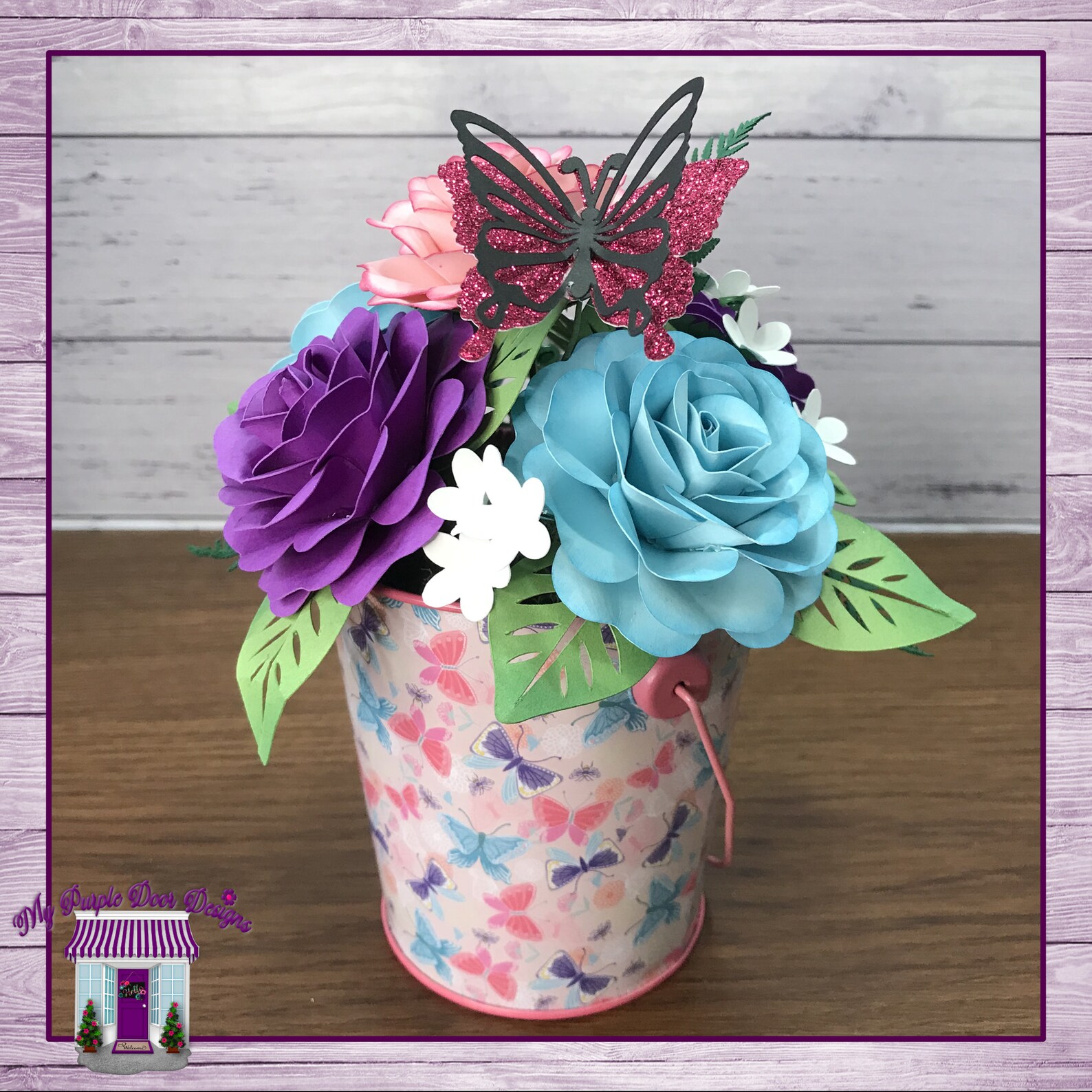 Rose Paper Flower Arrangement in A Butterflies Metal Bucket, Paper ...