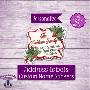 May include: Address labels with a festive design. The labels feature the text "The Saldivar Family" and address details, framed by red ribbon and holly. The image also includes the text "Personalize" and "Address Labels Custom Name Stickers".