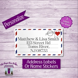 May include: Printable address labels with a red heart and a vintage postage stamp design. The labels say "Matthew & Lisa Smith, 123 Street Rd, Toms River, NJ 08753". The text "Address Labels or Name Stickers" is below the label. The text "21 Labels Per Sheet" is in a pink circle.