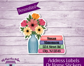 Return Address Labels, Book Stack With Vase Of Flowers Personalized Mailing Stickers, Custom Home Address Labels, Pretty Book Lovers Label
