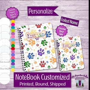 May include: Two spiral-bound notebooks featuring a white cover with a colorful pattern of dog paw prints and bones. Each notebook displays a central bone-shaped graphic with the name Edward printed in a multi-colored gradient font.