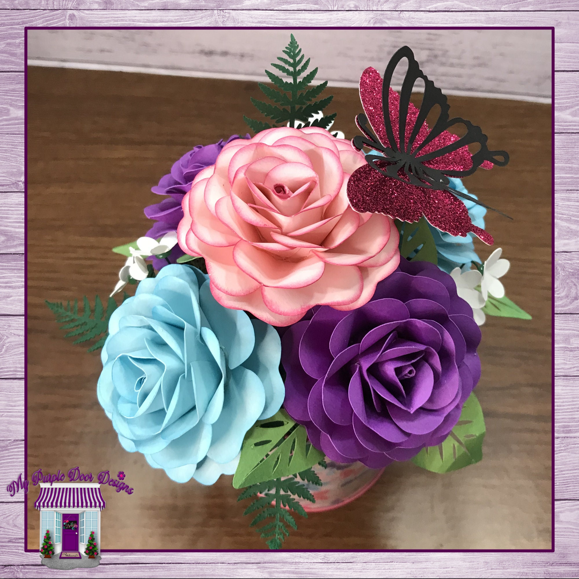 Rose Paper Flower Arrangement in A Butterflies Metal Bucket, Paper ...