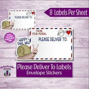 May include: Envelope stickers with a snail graphic and the text "Please Deliver To:" and "Happy Snail Mail." The stickers have red, white, and blue borders and are labeled "8 Labels Per Sheet."