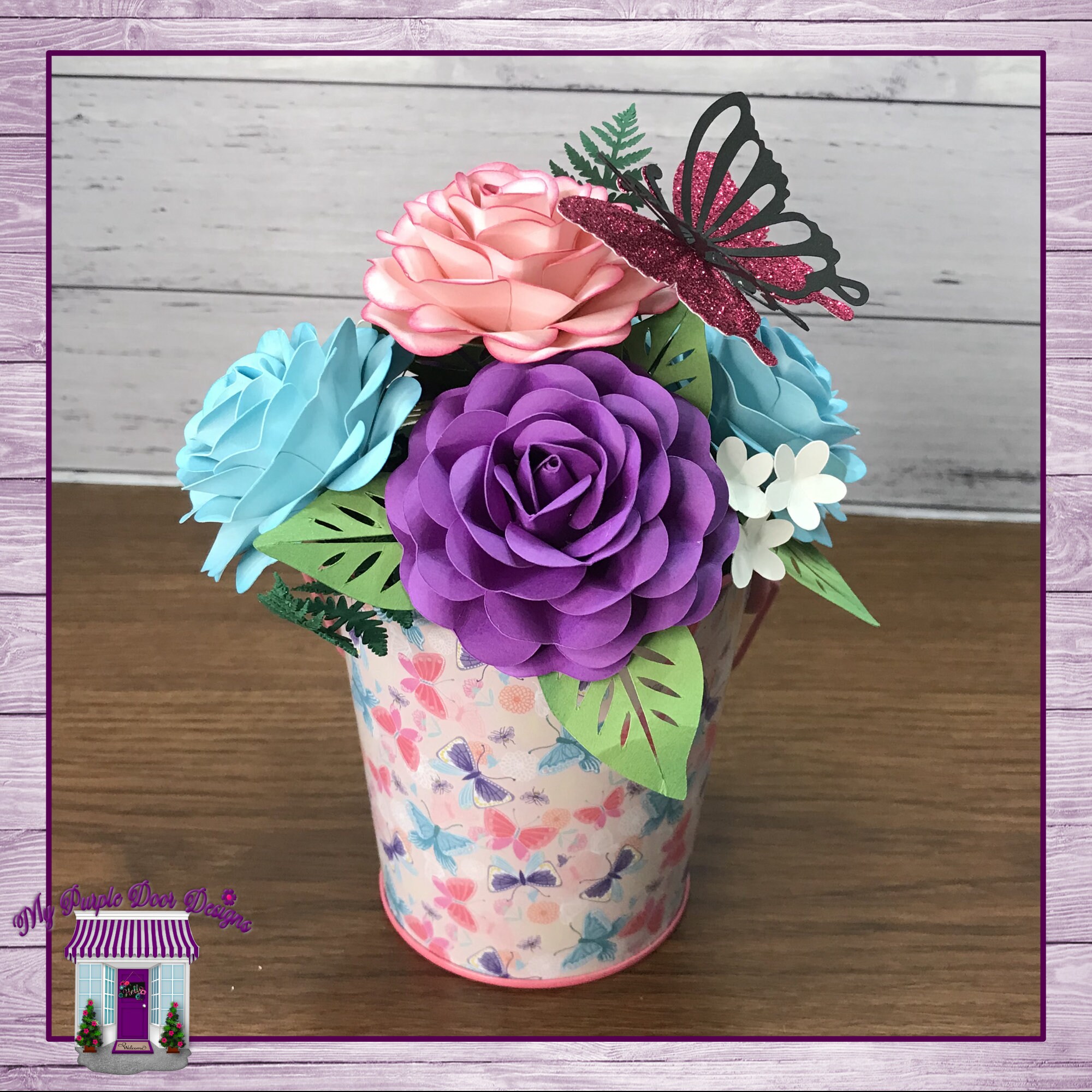 Rose Paper Flower Arrangement in A Butterflies Metal Bucket, Paper ...