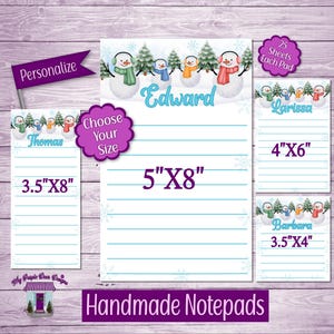 Snowmen Trees Personalized Lined Notepad, Memo Pad,  Holiday Christmas Note pad, Cute Desk Pad, Stocking Stuffer, Teacher Gift