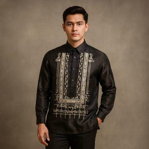 Barong Tagalog Black Filipino Formal Shirt | Philippine National Costume #3090