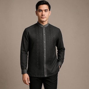 Barong Tagalog Filipino Black Formal Shirt Philippine National Costume #3002